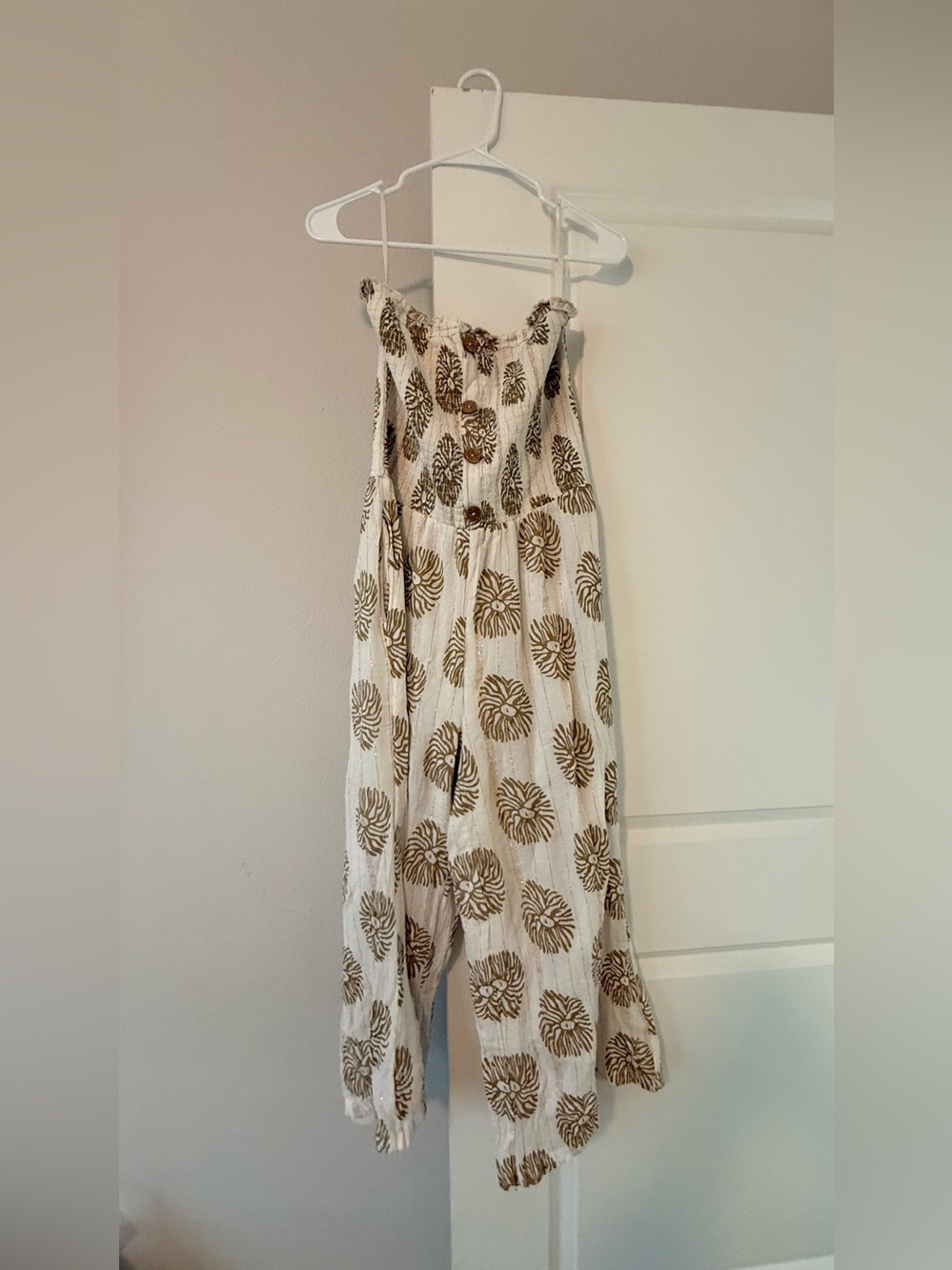 Strapless White Jumpsuit with Brown Floral Print